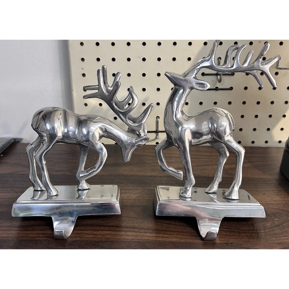 Kohl's Silver Reindeer Christmas Stocking Holders Weighted Set of 2 Mantel Deer